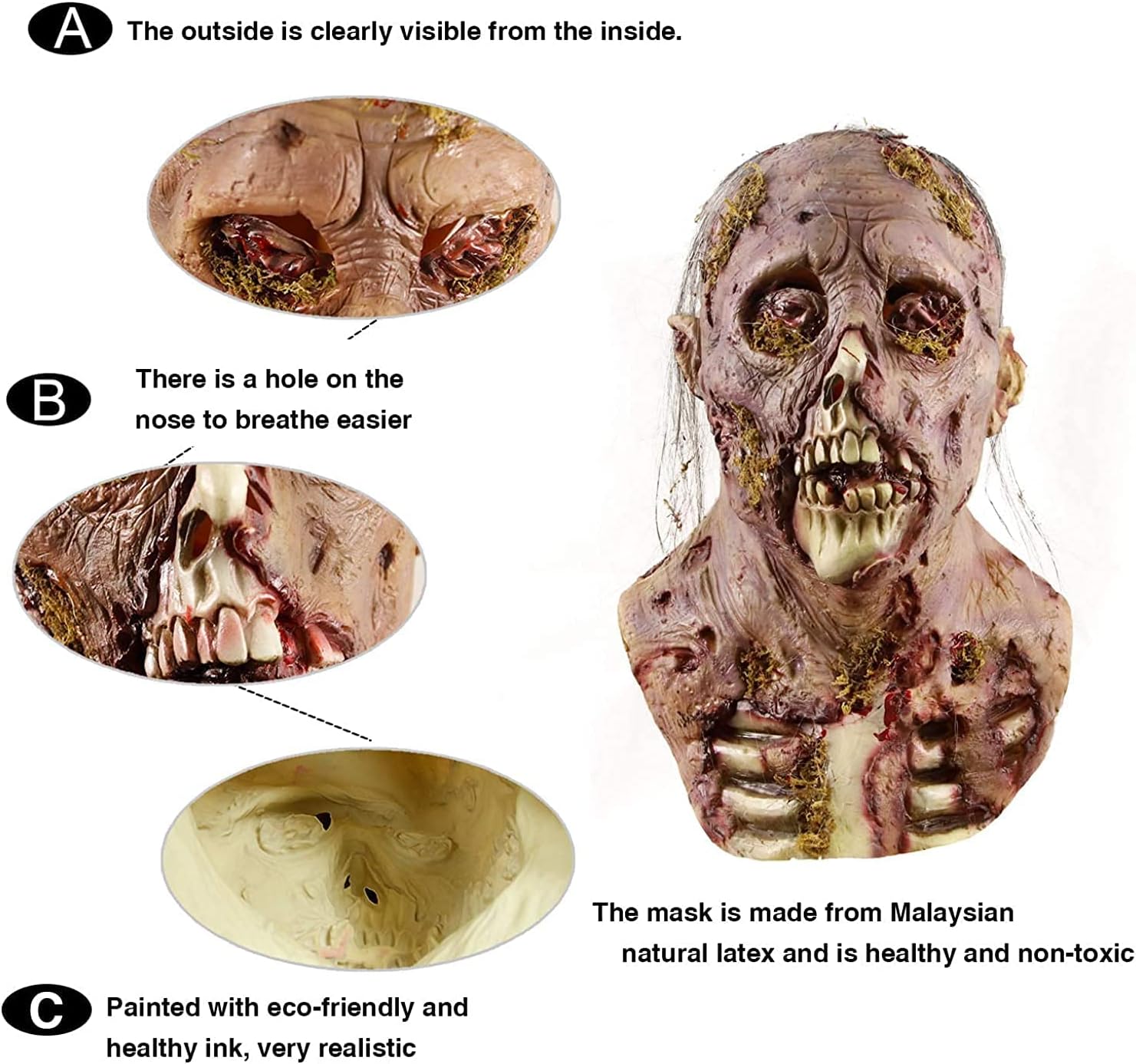 MOLEZU Scary Zombie Head Mask Vampire Mask Walking Dead Latex Halloween Costume Party Cosplay Props Adult - PuriLite