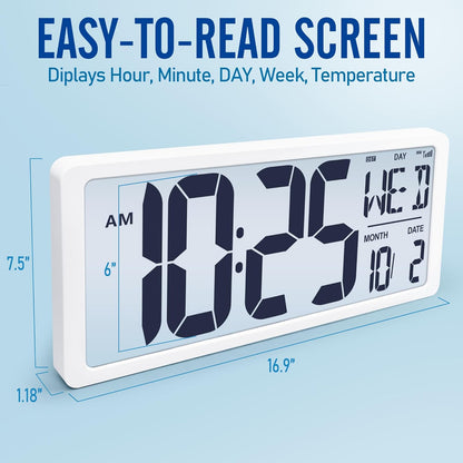 KMMKGG 15" Large Digital Wall Clock Battery Operated, Digital Clock Display with Day, Date & Temperature, Large Wall Clock for Bedroom, Livingroom, Office(4.6" Numbers) - PuriLite