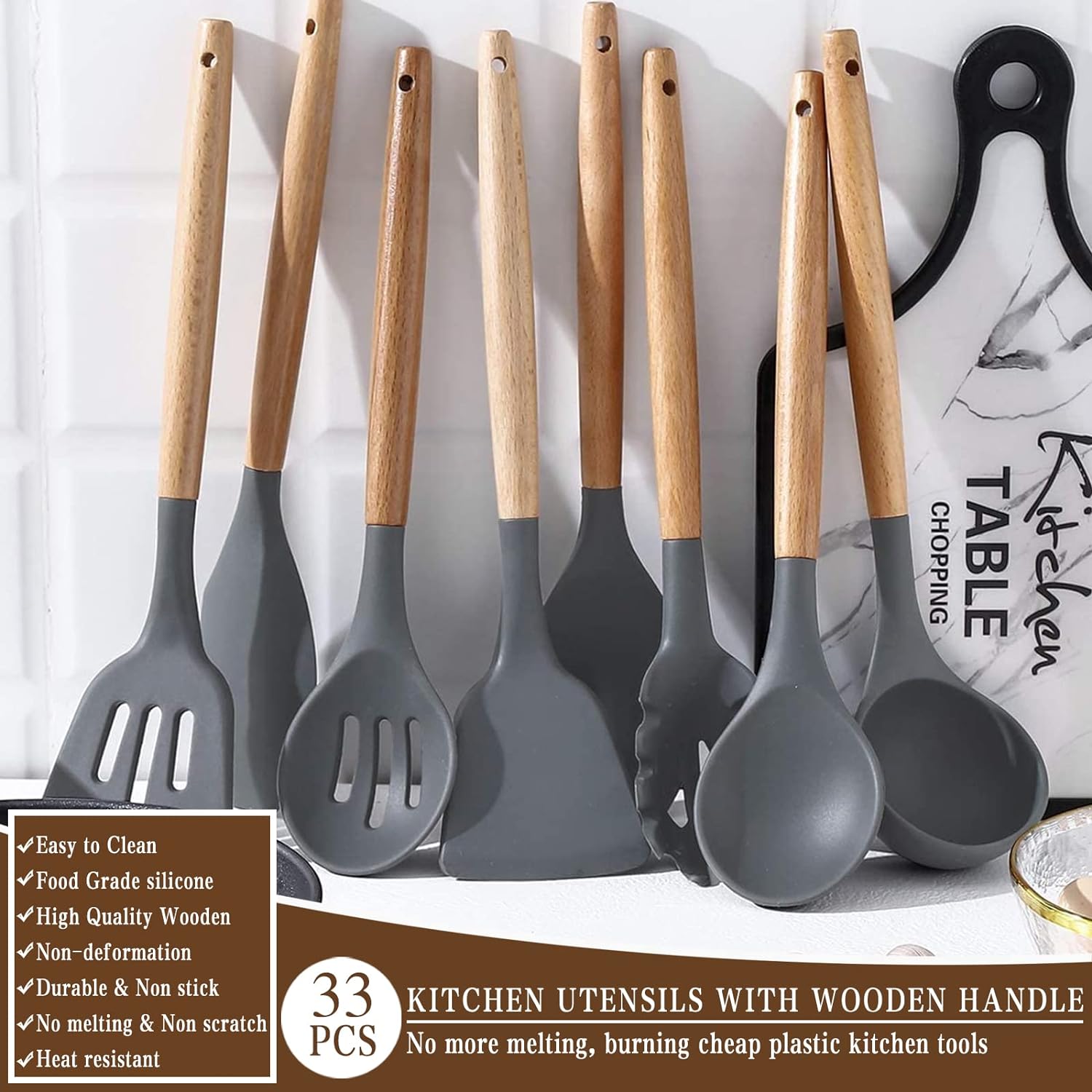 Umite Chef Kitchen Cooking Utensils Set, 33 pcs Non-Stick Silicone Cooking Kitchen Utensils Spatula Set with Holder, Wooden Handle Silicone Kitchen Gadgets Utensil Set (Khaki) - PuriLite