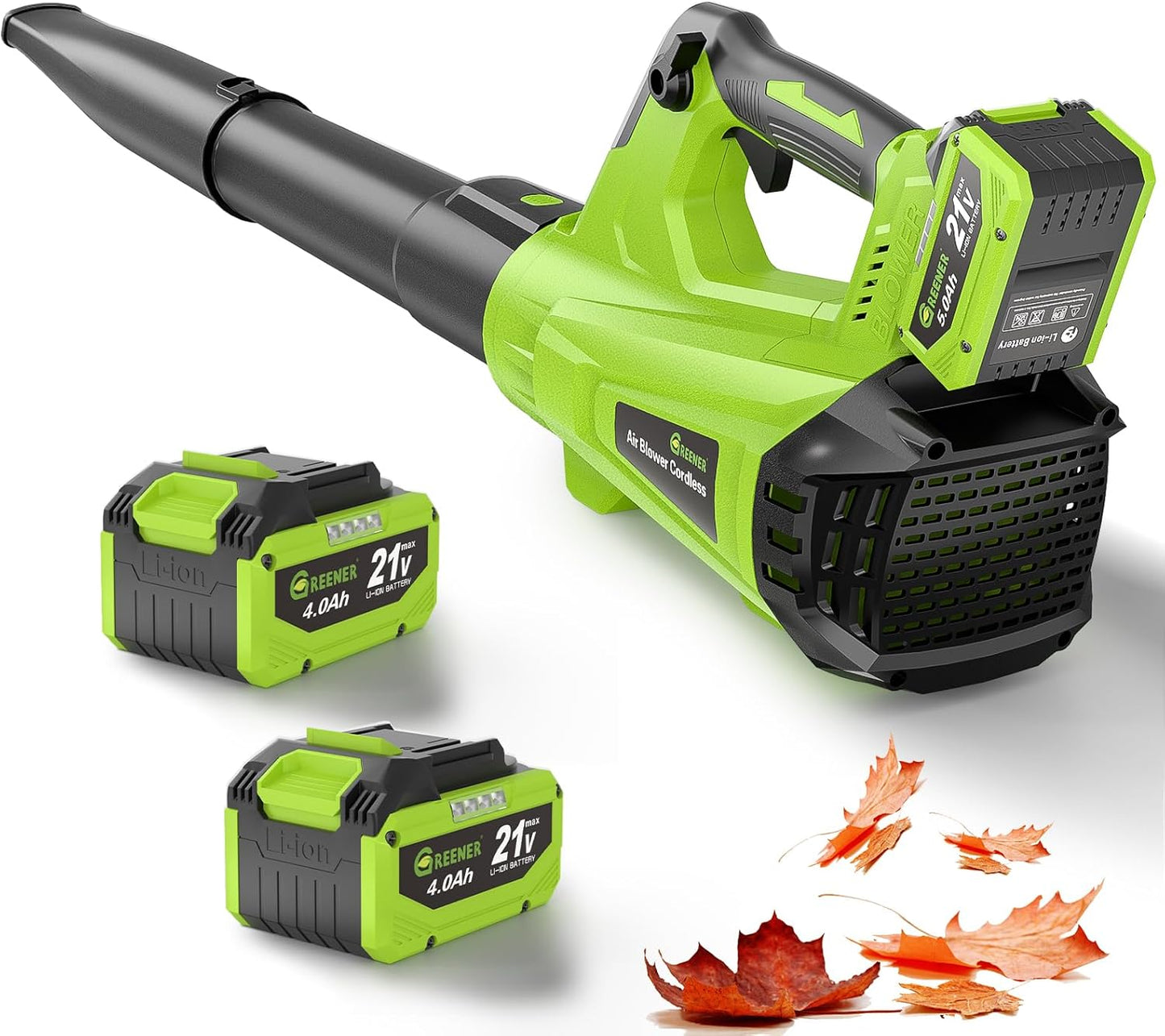 GREENER 21V Leaf Blower Cordless - 460CFM/145MPH Turbo Mode Electric Leaf Blower with 2 X 4.0Ah Battery and Fast Charger Included, Blowing Leaves and Dust, Patio Cleaning - PuriLite