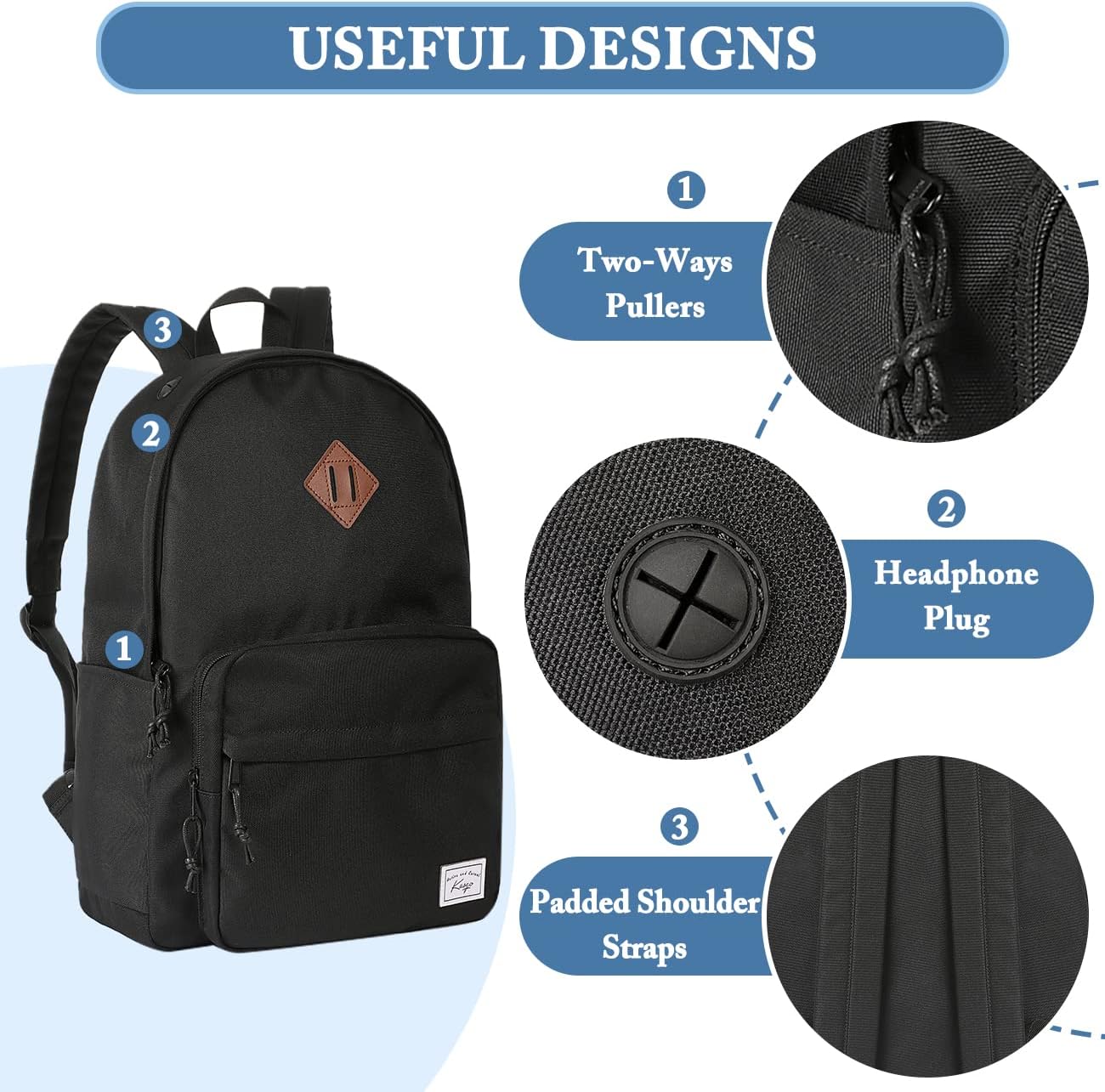 School Backpack, Kasqo 15.6 Inch Classic Lightweight Water-Resistant Backpack for Men Women Teens Girls Boys Kids to School, College, Travel, Work, Black - PuriLite