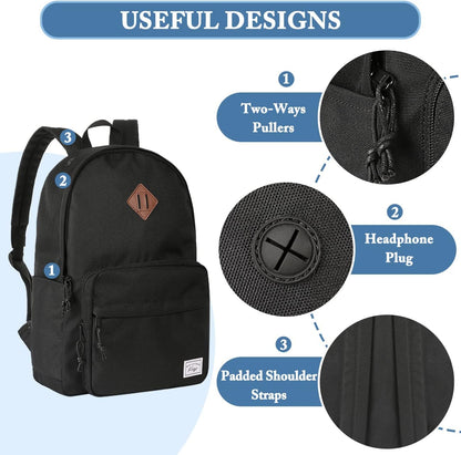 School Backpack, Kasqo 15.6 Inch Classic Lightweight Water-Resistant Backpack for Men Women Teens Girls Boys Kids to School, College, Travel, Work, Black - PuriLite