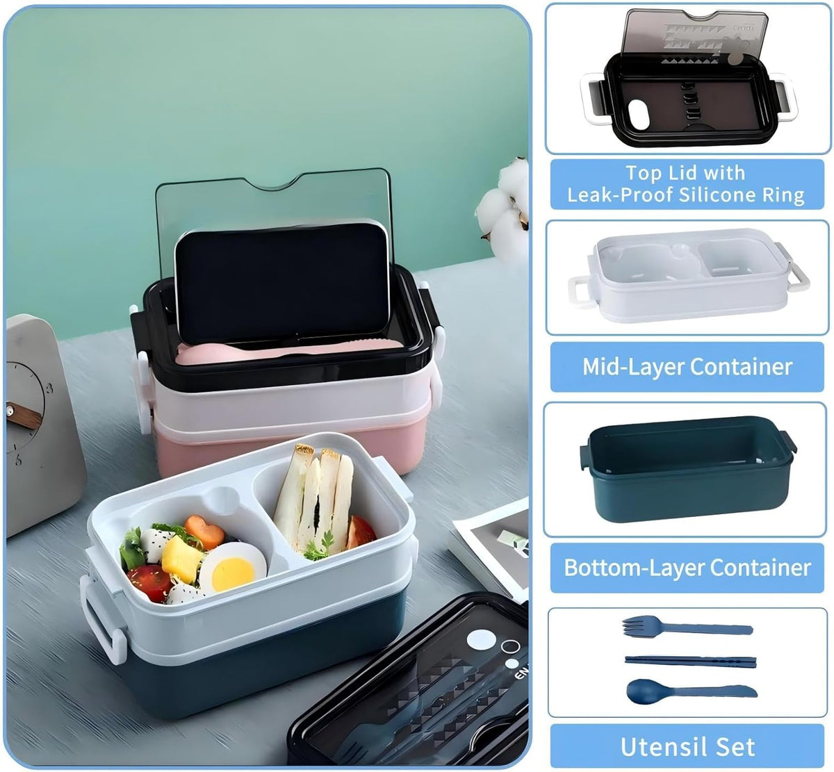 Bento Box, Lunch Box for Adult, Compact Bento Box Set- 2-Layer Stackable Lunch Box with Utensils, Leak-Proof and Durable Food Container for Work, Picnic, and Travel (Pink) - PuriLite