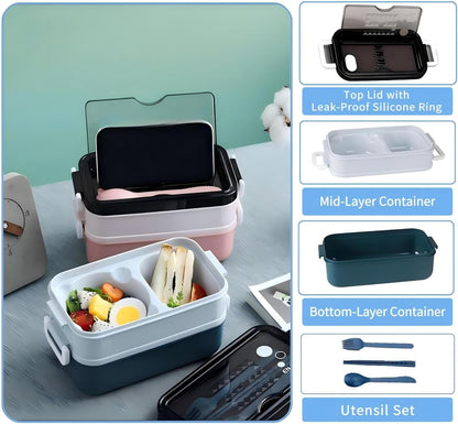Bento Box, Lunch Box for Adult, Compact Bento Box Set- 2-Layer Stackable Lunch Box with Utensils, Leak-Proof and Durable Food Container for Work, Picnic, and Travel (Pink) - PuriLite
