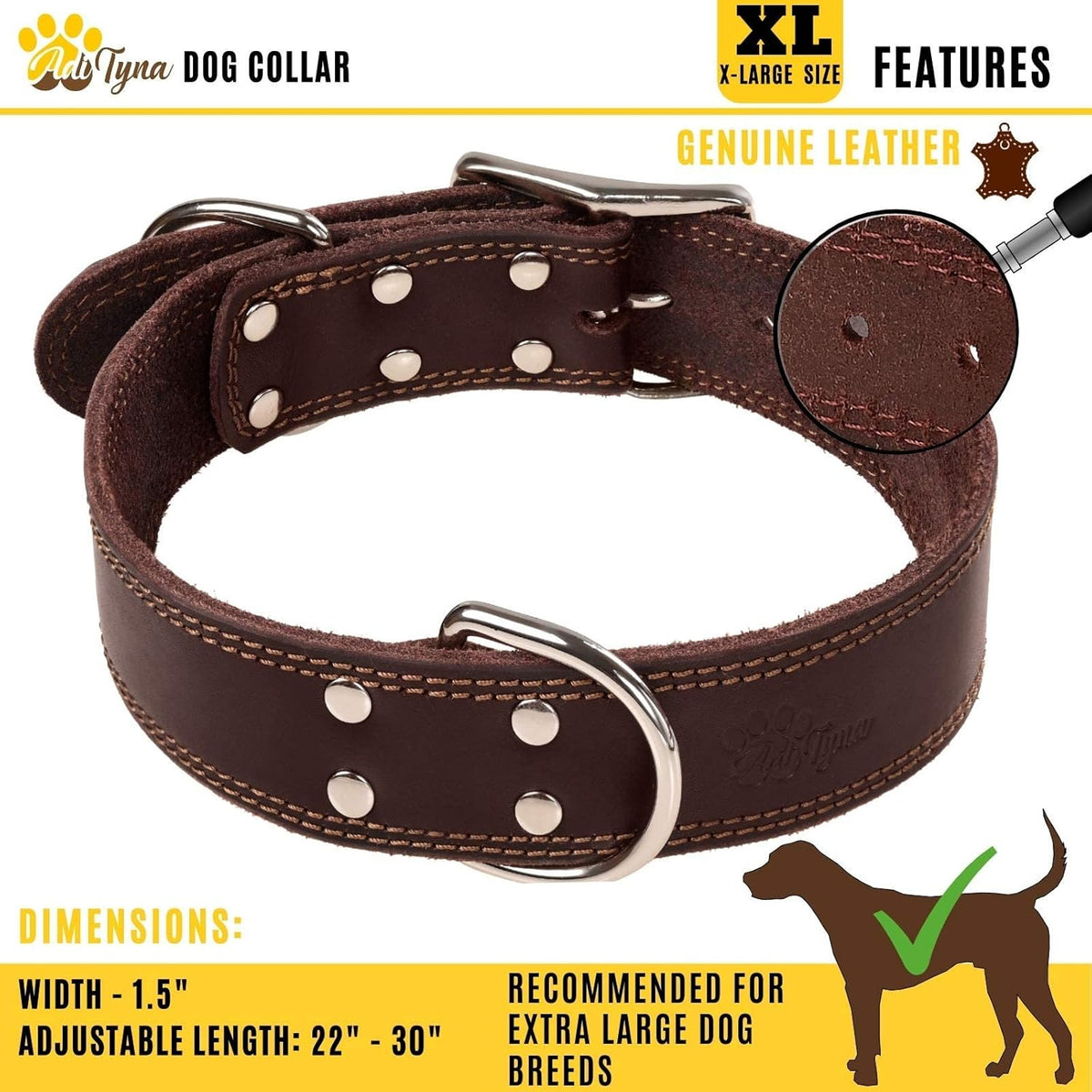 ADITYNA Heavy-Duty Leather Dog Collar for Medium Dogs - Soft and Strong, 100% Genuine Leather - Collier Pour Chien (Medium: Fit 13" - 20" Neck, Brown) - PuriLite