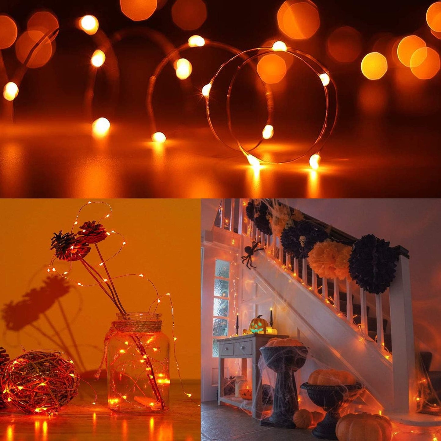 LYHOPE Orange Halloween Lights, 2 Pack 33ft 100 Led Battery Operated Halloween Lights, Waterproof 8 Modes with Remote Copper Wire String Lights for Halloween Holiday Party Carnival Decorations - PuriLite