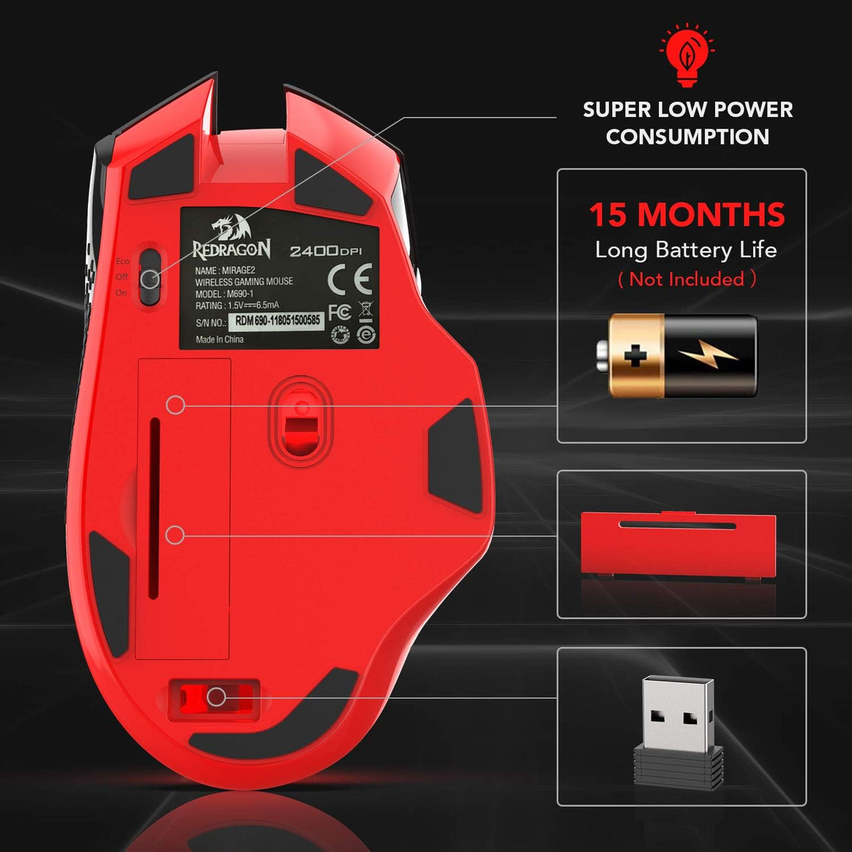 Redragon M690-1 2400 DPI Optical 2.4G Wireless Gaming Mouse, 5 Adjustable DPI Levels Portable Gaming & Office Mice with 8 Buttons and USB Receiver for Desktop, MacBook, Notebook, PC, Laptop, Computer - PuriLite