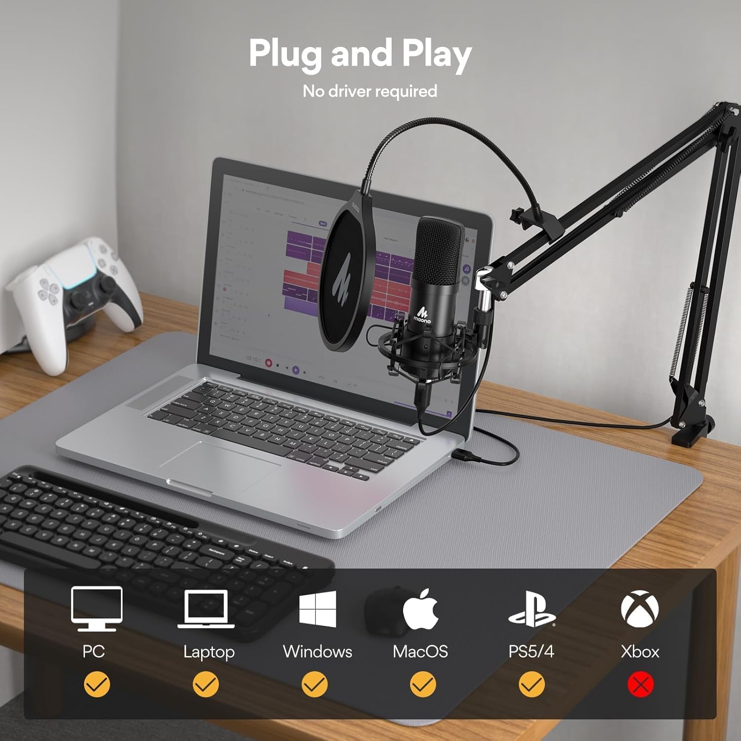 USB Microphone, MAONO 192kHz/24Bit Plug & Play PC Computer Podcast Condenser Cardioid Metal Mic Kit with Professional Sound Chipset for Recording, Gaming, Singing, YouTube (AU-A04) - PuriLite