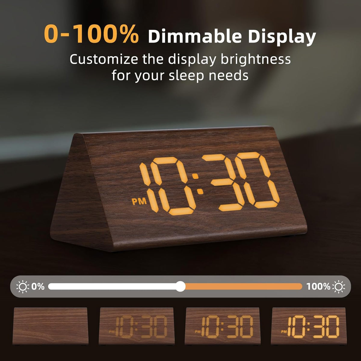 Odokee Wooden Digital Alarm Clock for Bedroom: Electric Desk Clock with Large LED Display - Brown - PuriLite