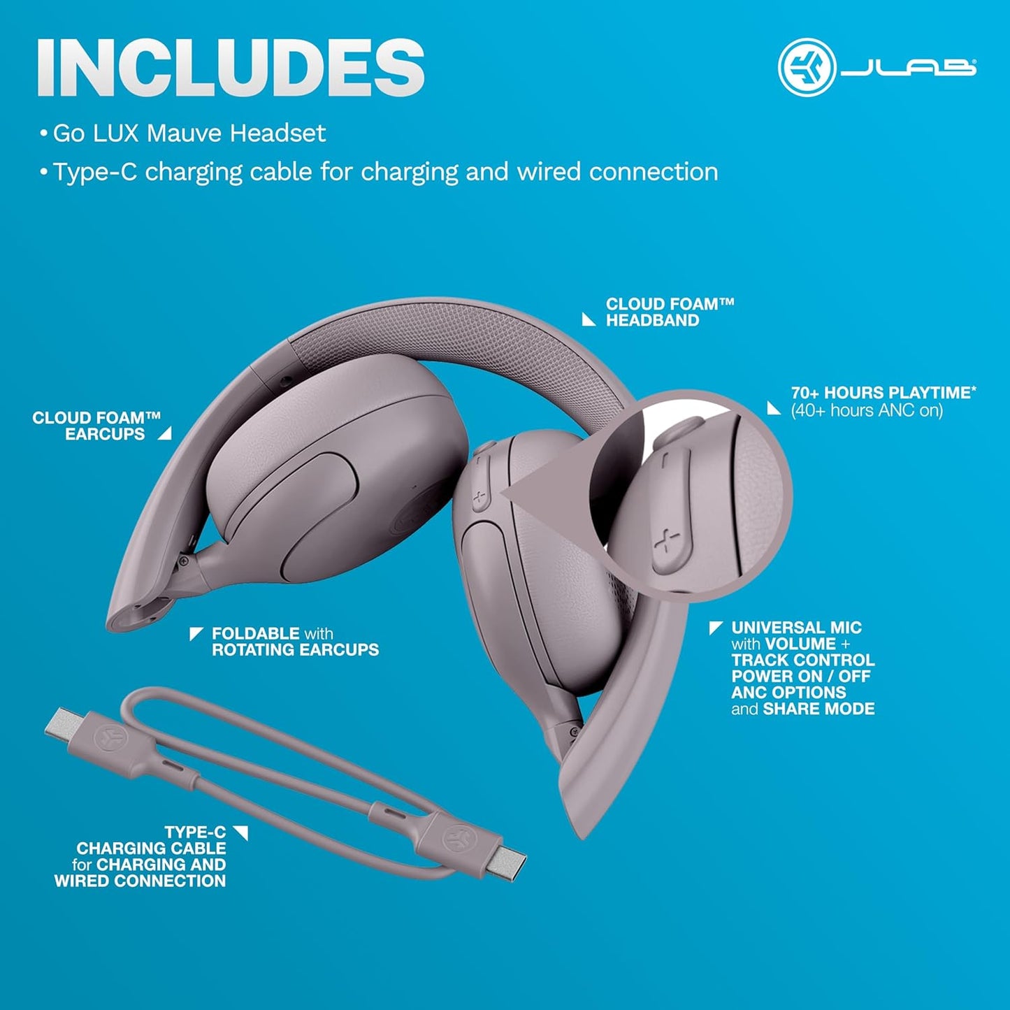 JLab Go Lux ANC Wireless Headphones, Cloud White, Hybrid Active Noise Cancelling, Premium On-Ear Bluetooth Headset, Customizable Sound, Be Aware Mode, Cloud Foam Comfort, Multipoint Connection - PuriLite