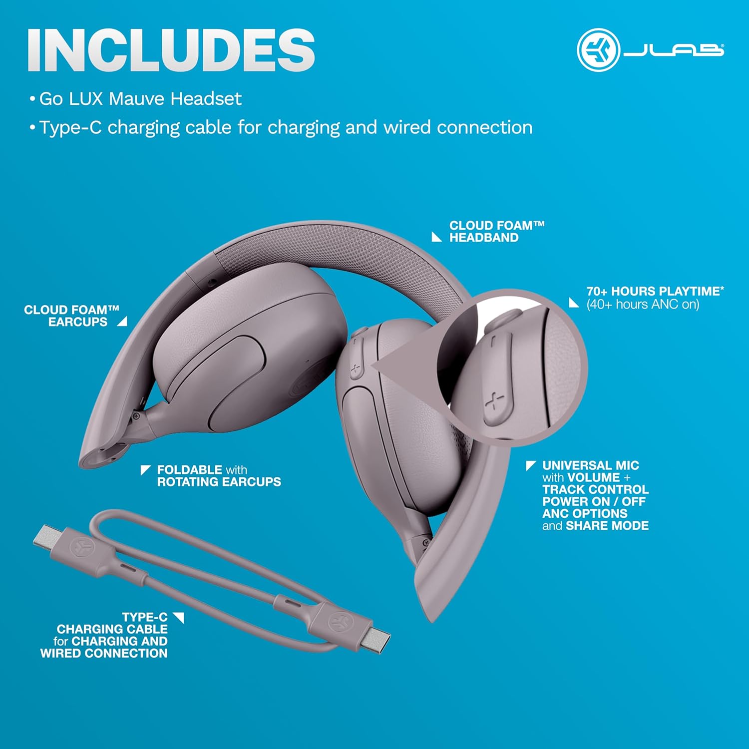 JLab Go Lux ANC Wireless Headphones, Cloud White, Hybrid Active Noise Cancelling, Premium On-Ear Bluetooth Headset, Customizable Sound, Be Aware Mode, Cloud Foam Comfort, Multipoint Connection - PuriLite