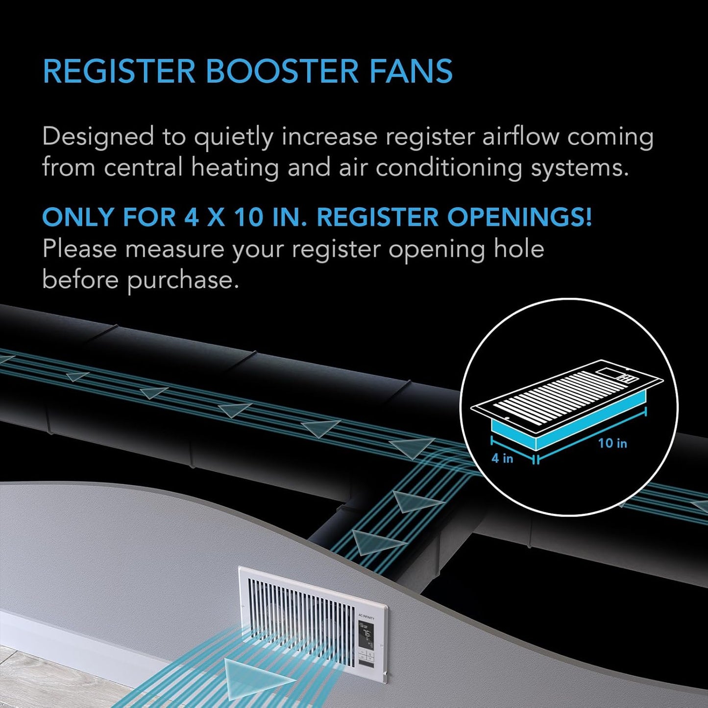 Register Booster Fan | Smart HVAC Floor Vent Booster Fan with Thermostat Control, Bluetooth App, Remote Control, Quiet 10-Speed Air Vent Booster for 4 x 10 Inch & 4 x 12 Inch Register Openings
