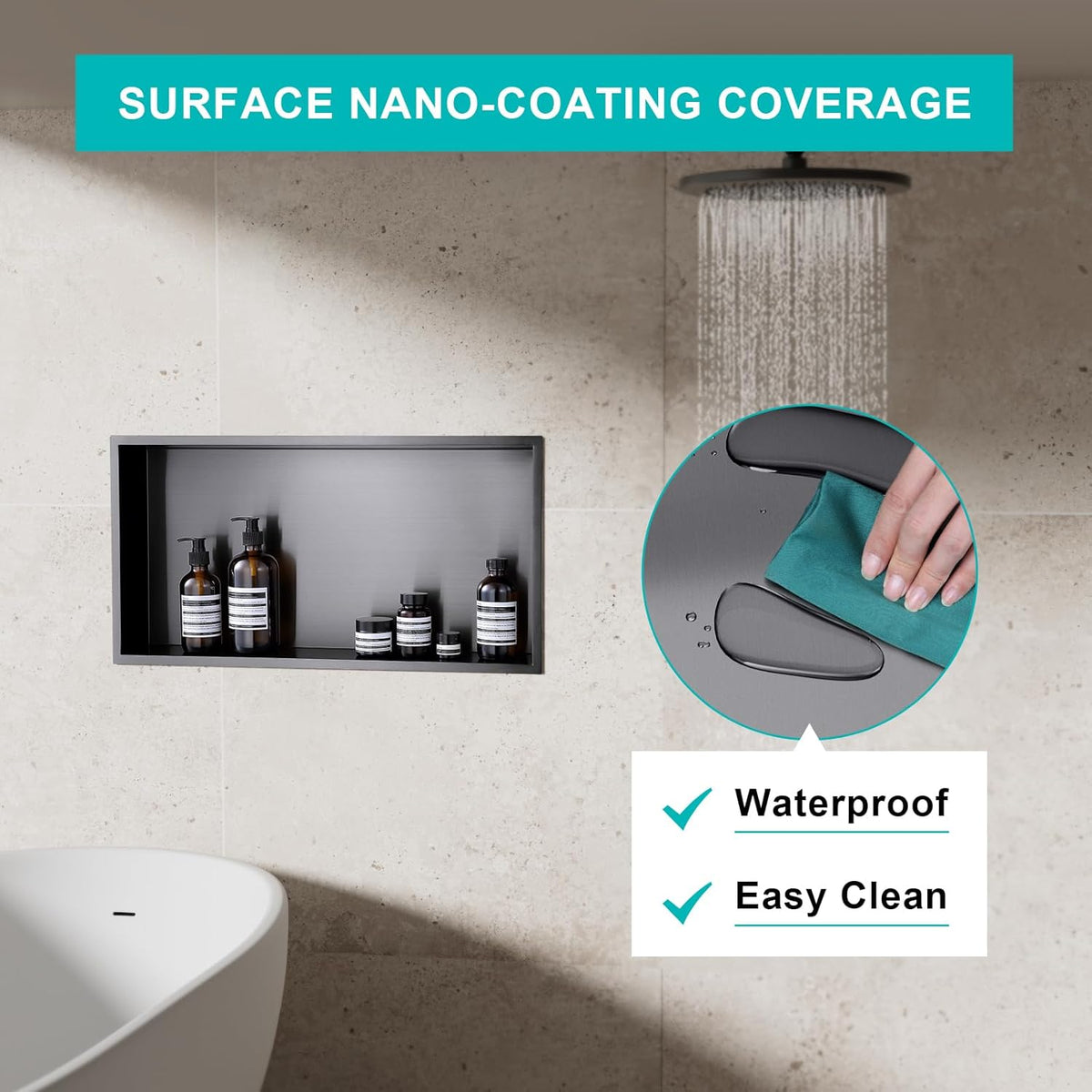 MENATT No Tile Shower Niche, Stainless Steel Wall Niche 13"X19"(Inner Size 12"X18"), Two-Tier Bathroom Shelf, NO Tile Needed Recessed Niche Shower for Bathroom Storage, Black - PuriLite