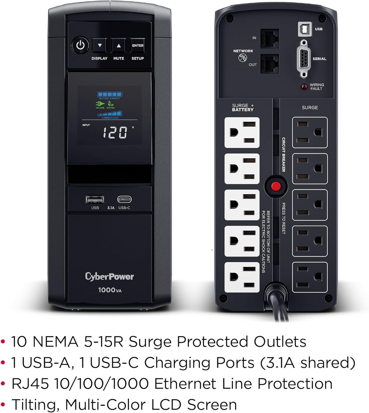 CyberPower CP1500PFCLCD PFC Sinewave UPS System, 1500VA/1000W, 12 Outlets, AVR, Mini Tower, Black - PuriLite
