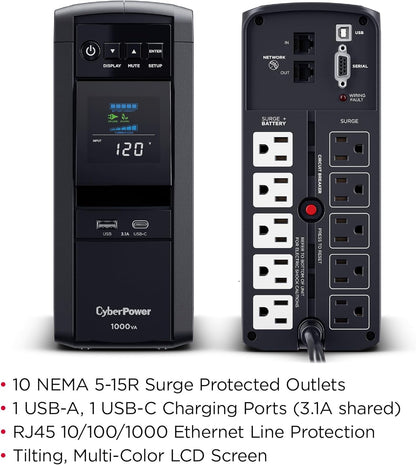 CyberPower CP1500PFCLCD PFC Sinewave UPS System, 1500VA/1000W, 12 Outlets, AVR, Mini Tower, Black - PuriLite
