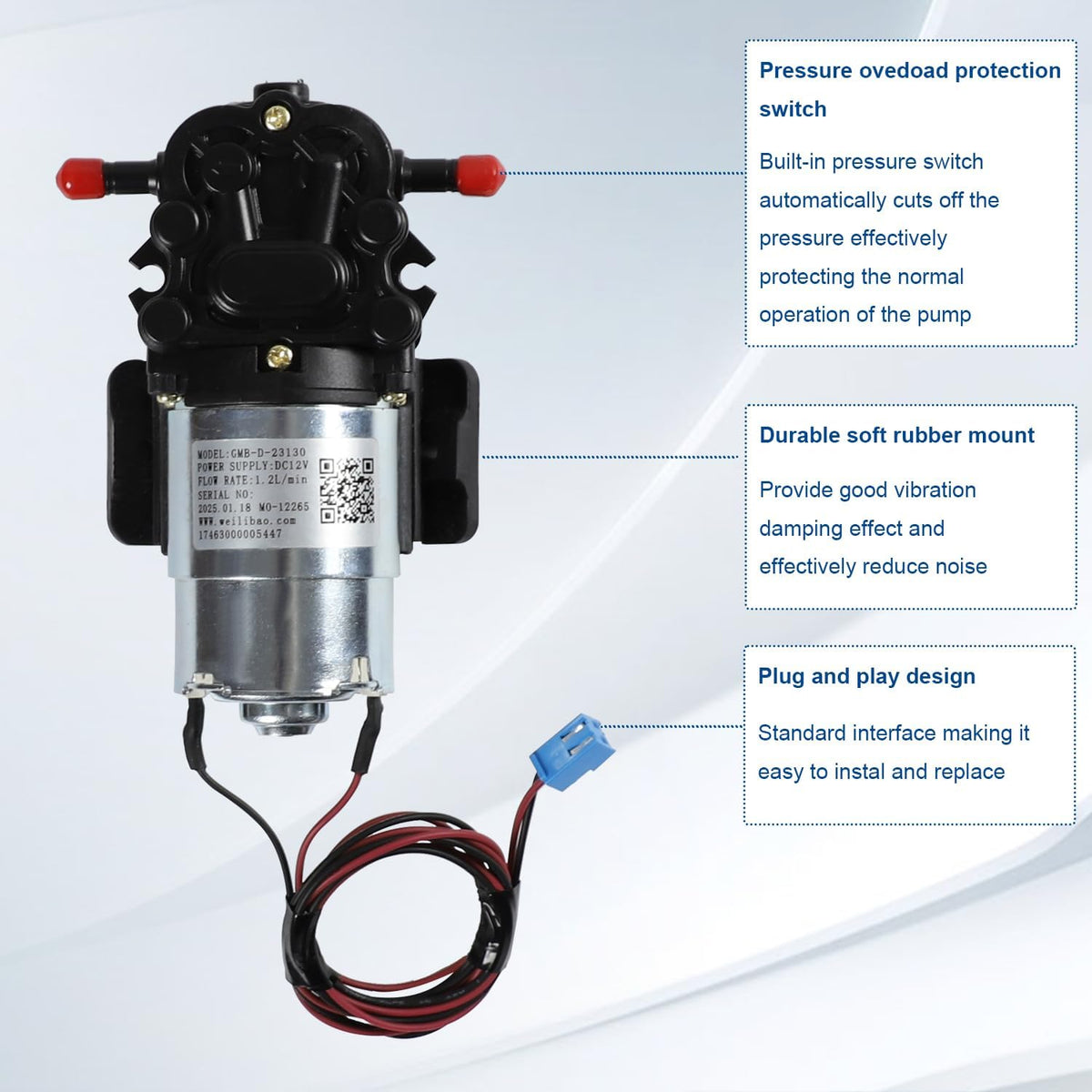 GMB-D-23130 Water Pump Compatible with Midea Avalon Primo Brio Water Dispenser 1.2L/min DC12V, Replaces DP005A2 MO-12265 Bottom Loading Bottled Water Cooler Dispenser - PuriLite