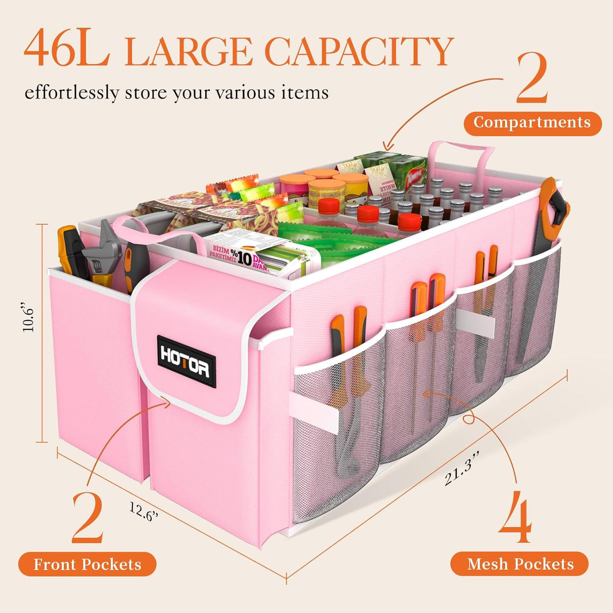 HOTOR Trunk Organizer - Car Organizer, Foldable Trunk organizer for SUVs & Sedans, Car Accessories, Tools, Sundries, 2 Compartments, Black - PuriLite
