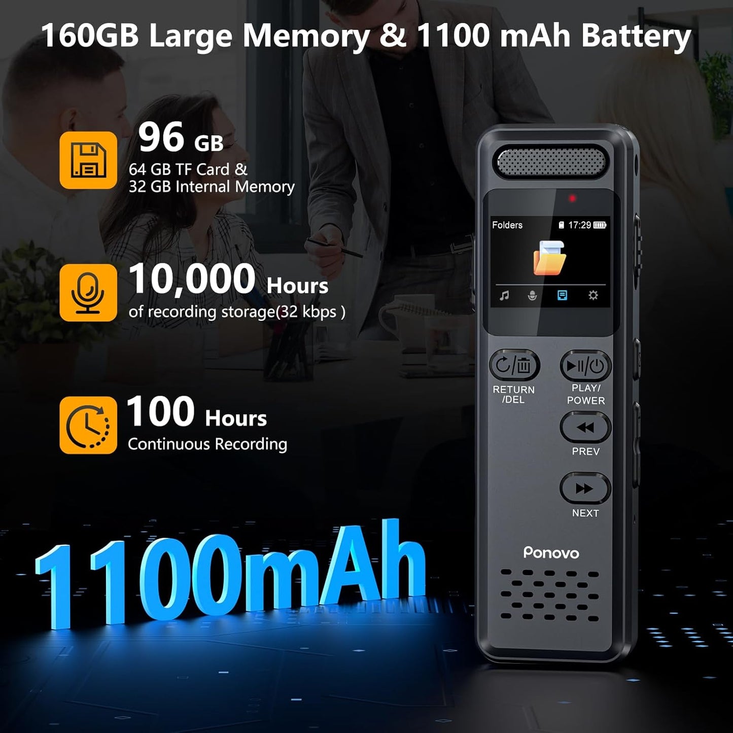 160GB Digital Voice Recorder with Playback, 1100mAh Mini Audio Recording Device for Lecture Interviews, 1536Kbps Voice Activated Recorder with Noise Reduction, Password, External Microphone - PuriLite