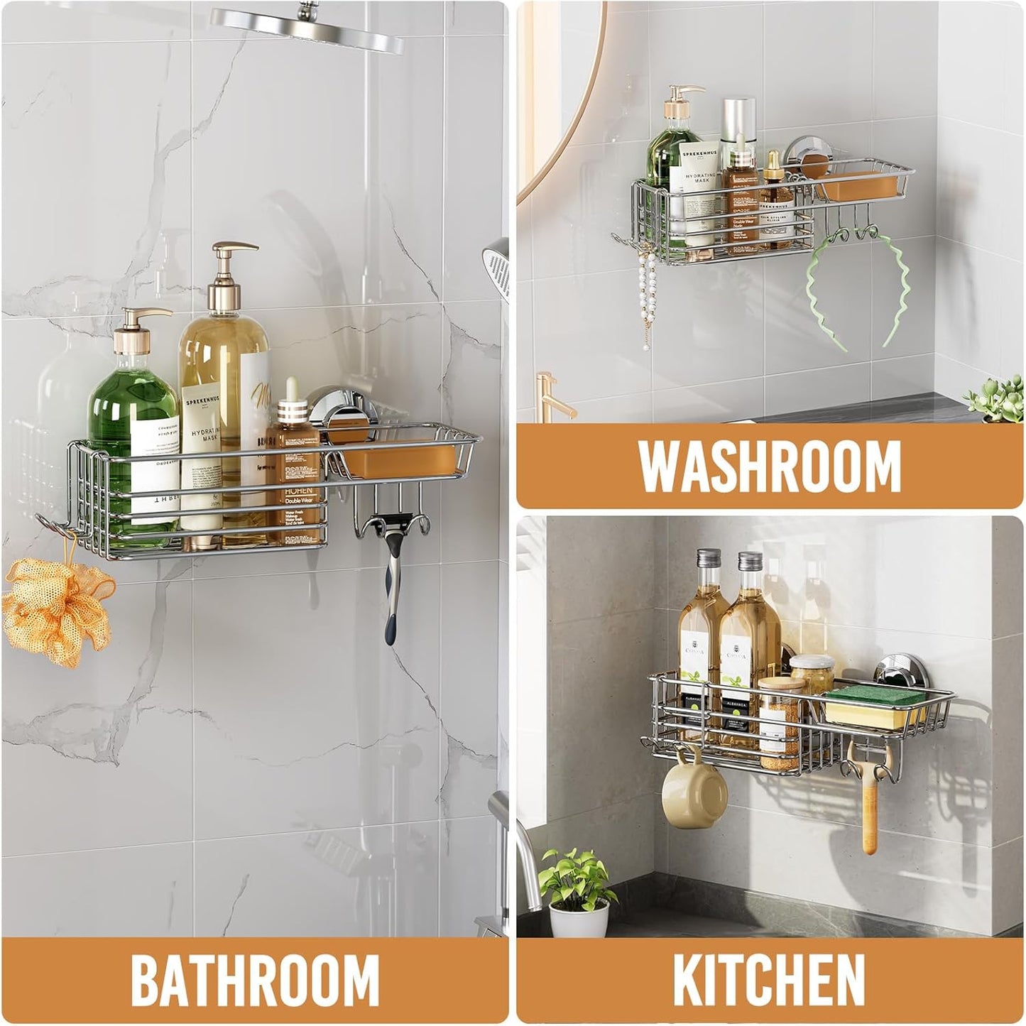 LEVERLOC Shower Caddy Suction Cup, 2 Pack Black Shower Shelf with Hooks and Soap Holder, NO-Drilling Bathroom Organizer, Rustproof Metal Bathroom Storage and Organization - PuriLite