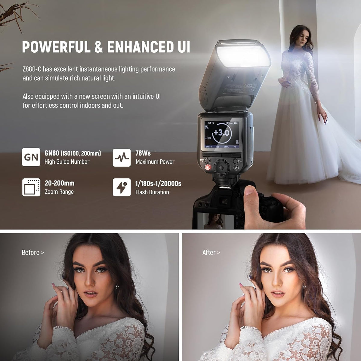 NEEWER Z880-C 2.4G 76Ws TTL Camera Flash Speedlite Compatible with Canon, Upgraded UI, Adjustable Modeling Lamp, TTL/M Quick Switch TCM Key, 1/8000s HSS 7.4V/2600mAh Battery 480 Full Power Flash - PuriLite