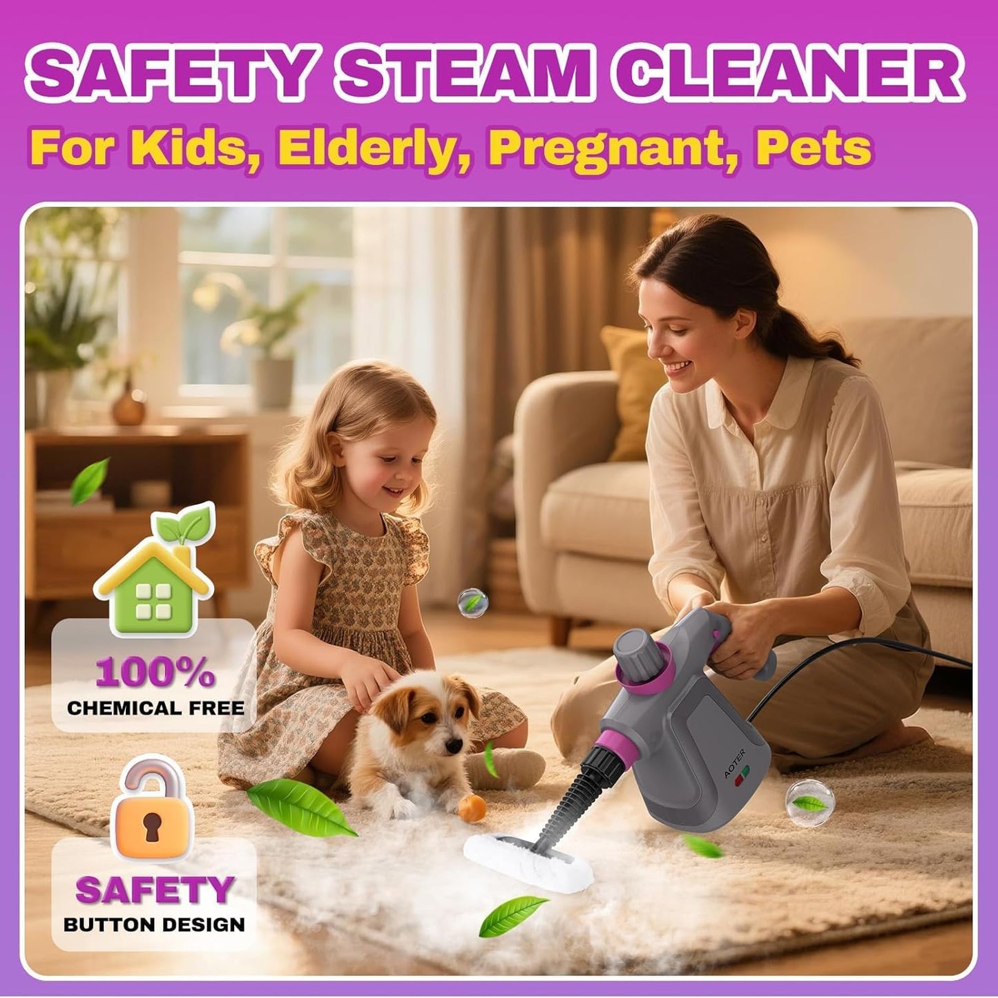 AOTER Pressurized Handheld Steam Cleaner, Portable Steam Cleaner Multipurpose for Home, Multi-Surface Steam Cleaner for Tile, Grout, Windows, Bathroom, Kitchen, Car Cleaning, with 12pcs Accessories - PuriLite