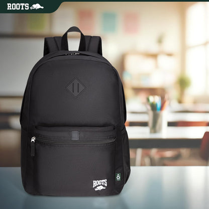 Roots Teen Lightweight Backpack — Made from Recycled Polyester with 15.6" Laptop Compartment, Rain Flap, Bottle Pocket, Reflective Accent, and Back Padding — 34L, Black - PuriLite