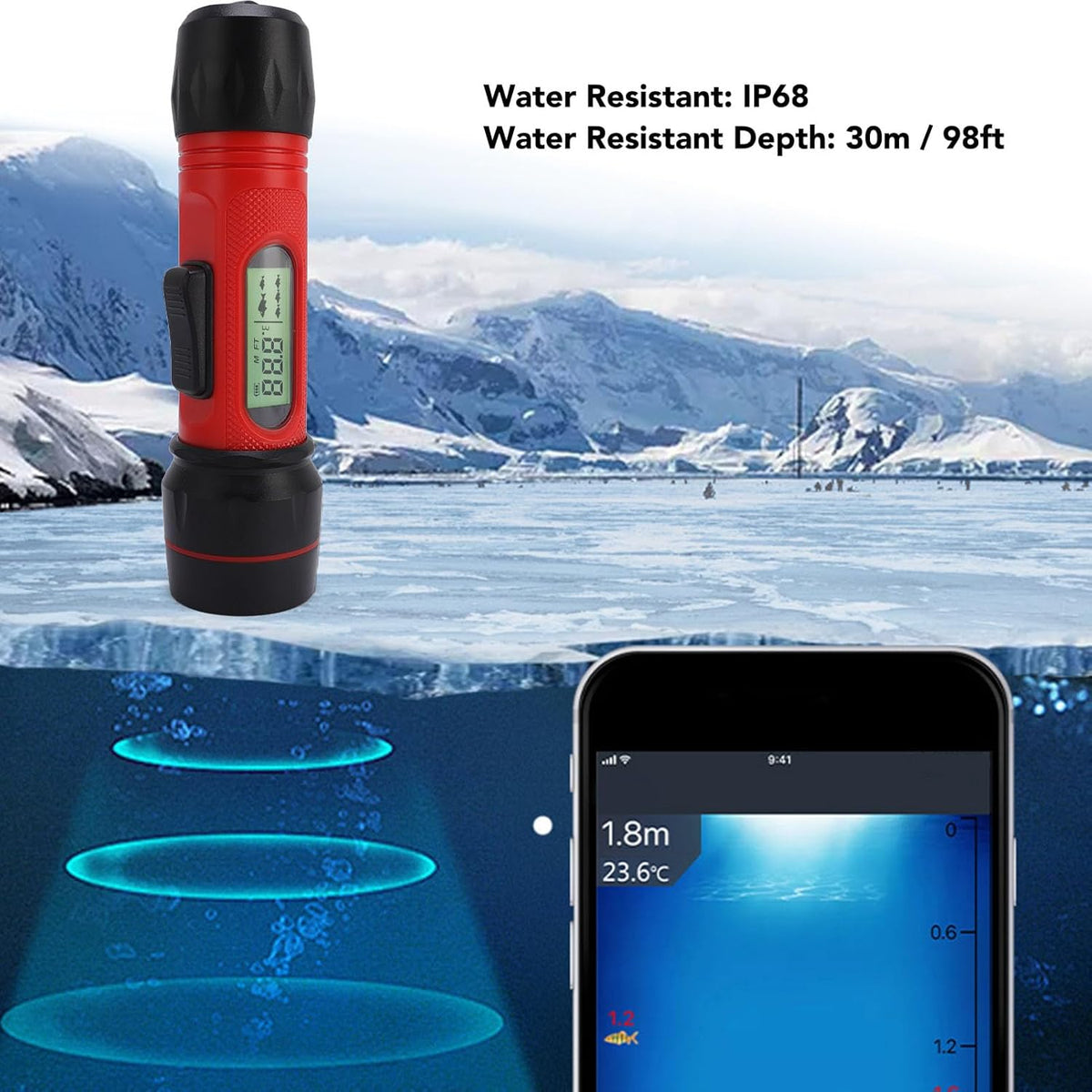 PUSOKEI Sonar Fish Finder, Portable Handheld Fish Depth Finder with LCD Screen and 45 Degree Detection Angle, for Kayak Boat Ice Fishing Water Proof IP68 - PuriLite