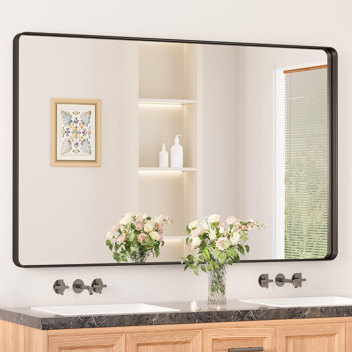 Keonjinn 42 x 36 Brushed Nickel Bathroom Vanity Mirror, Large Rounded Rectangle Bathroom Mirrors for over Sink, Metal Framed Silver Mirror for Wall, Shatterproof HD Tempered Glass(Horizontal/Vertical) - PuriLite
