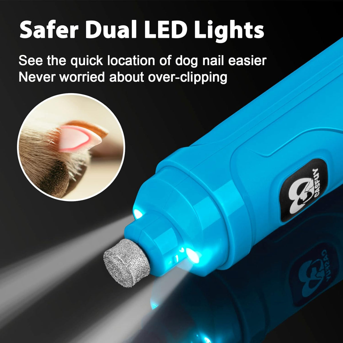 Casfuy Dog Nail Grinder with 2 LED Light - New Version 2-Speed Powerful Electric Pet Nail Trimmer Professional Quiet Painless Paws Grooming & Smoothing for Small Medium Large Dogs and Cats (Blue) - PuriLite