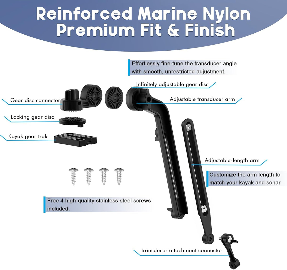 EDSRDPLT Universal Kayak Fish Finder Mount with Transducer Arm Adjustable 9–14” Tool-Free Rail Installation – Fish Finder Bracket for Kayaks, SUPs & Small Boats - PuriLite