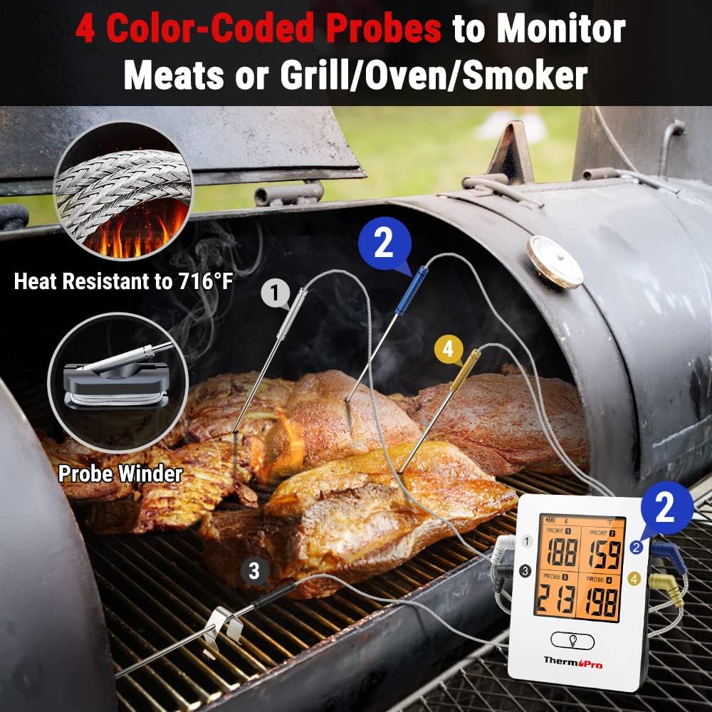 ThermoPro TP25 650FT Wireless Meat Thermometer with 4 Probes, Bluetooth Meat Thermometer for Cooking, BBQ Oven Food Smoker Thermometer Rechargeable - PuriLite