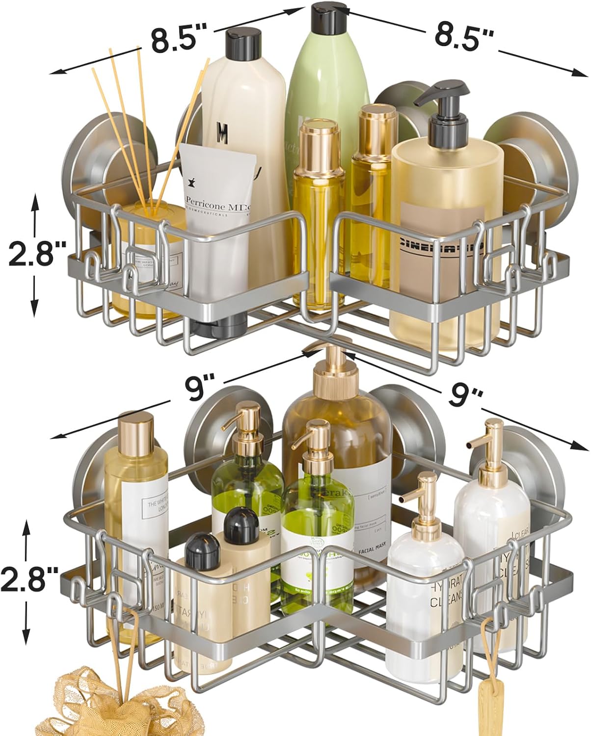 LEVERLOC Shower Caddy Suction Cup, 2 Pack Black Shower Shelf with Hooks and Soap Holder, NO-Drilling Bathroom Organizer, Rustproof Metal Bathroom Storage and Organization - PuriLite