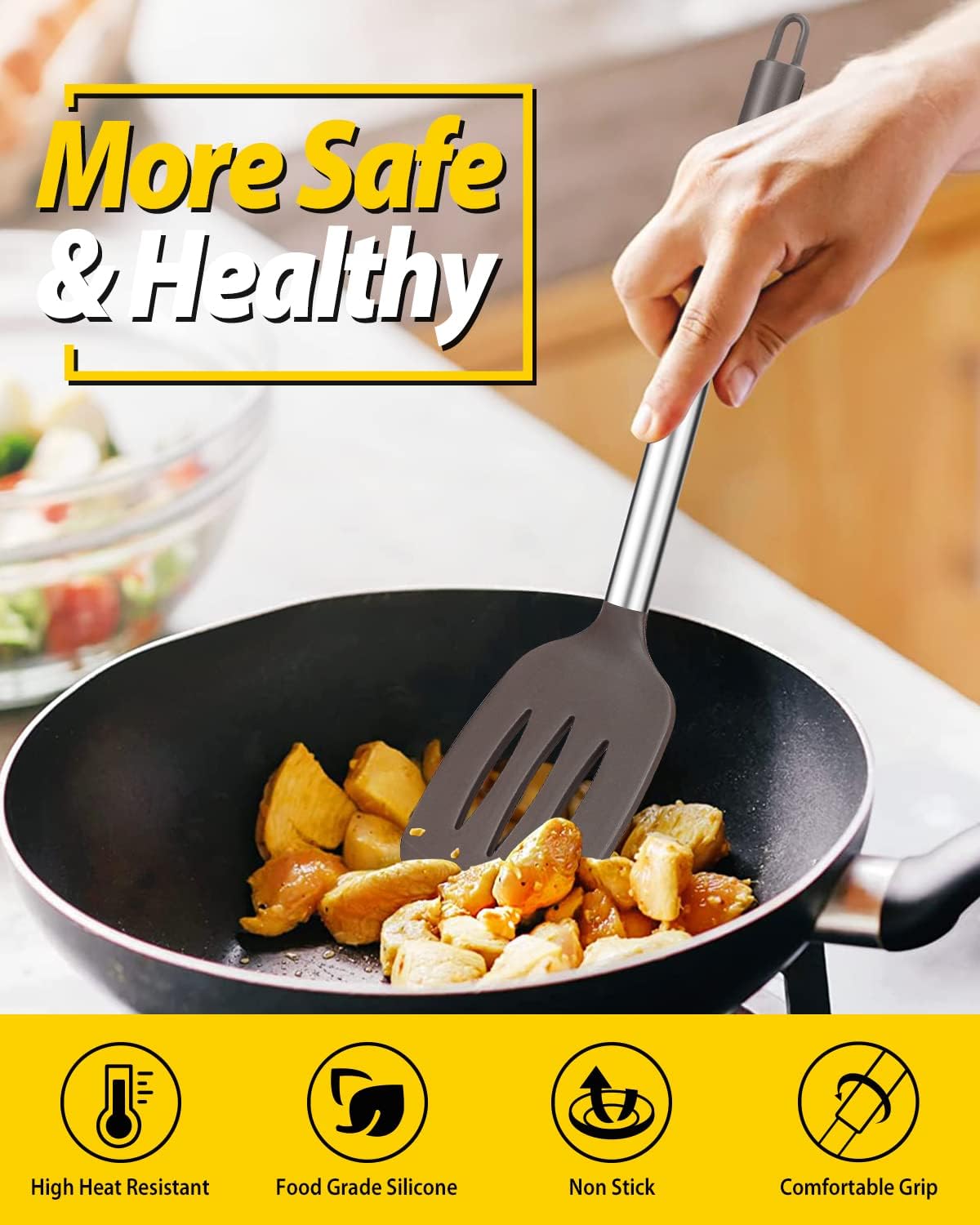 Pack of 2 Silicone Slotted Spatula,Non Stick Solid Kitchen Turner, High Heat Resistant BPA Free Cooking Utensils for Fish, Eggs, Pancakes（Black - PuriLite