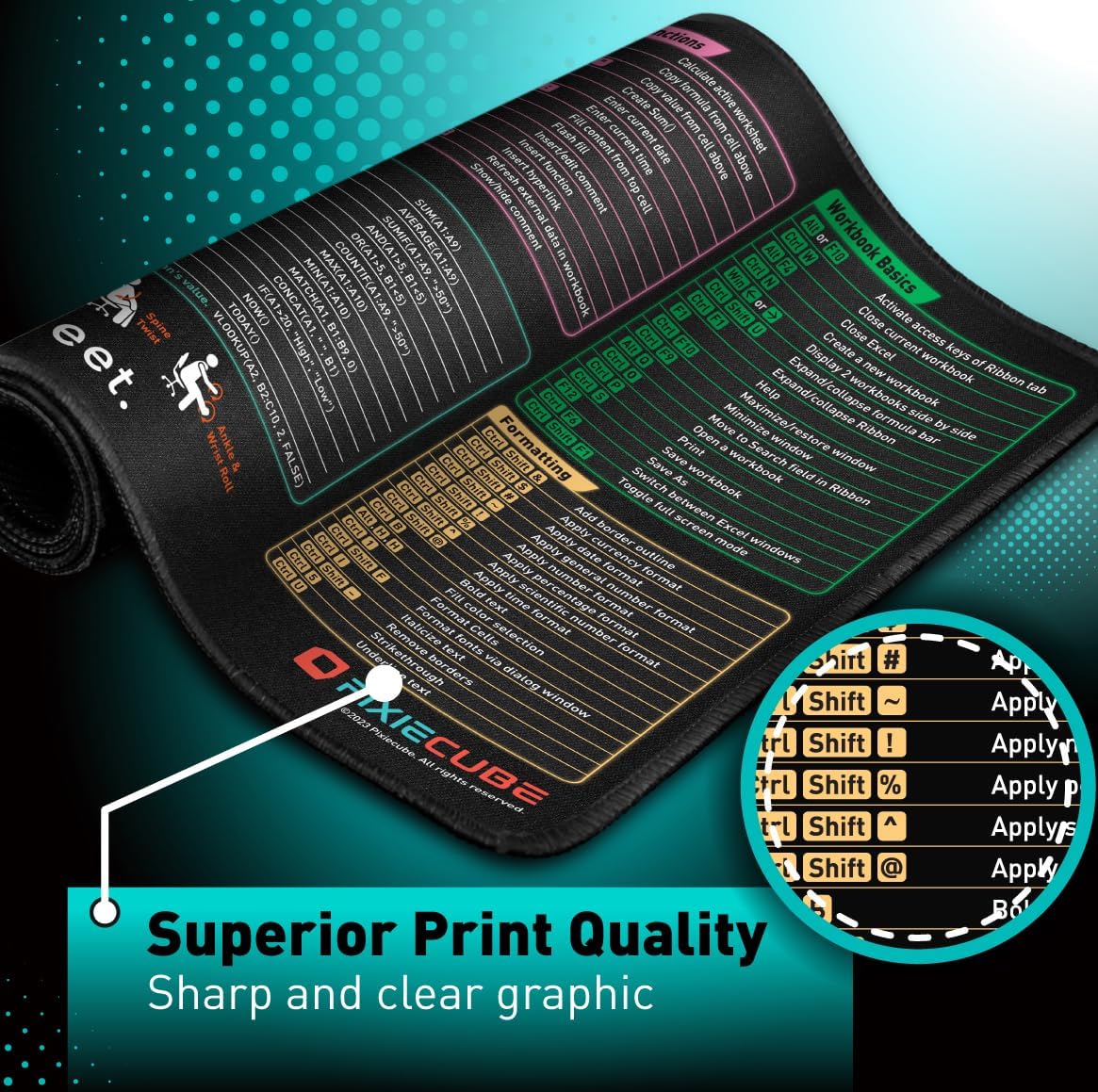 Excel Shortcut Keys Mouse Pad – Large XL Non-Slip Gaming & Office Desk Mat, Extended Rubber Mousepad with Cheat Sheet for PC & Spreadsheet Productivity - PuriLite