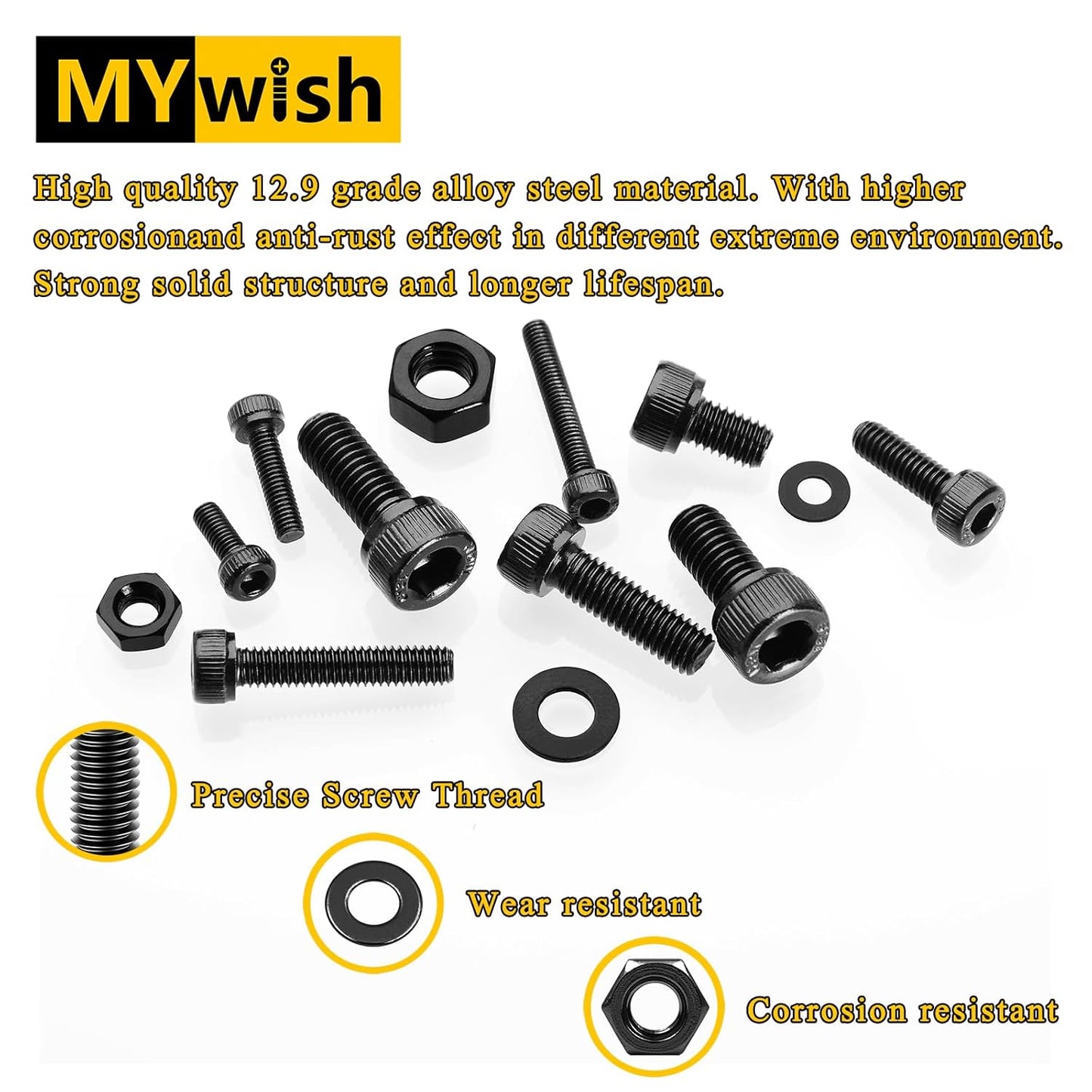 Mywish 900Pcs Metric Screw Assortment, M3 M4 M5 M6 Screw Assortment Kit 304 Stainless Steel Hex Socket Button Head Socket Cap Metric Screws Bolts & Flat Washers/Nuts/Hex Wrenches 16 Sizes 8MM to 20MM - PuriLite
