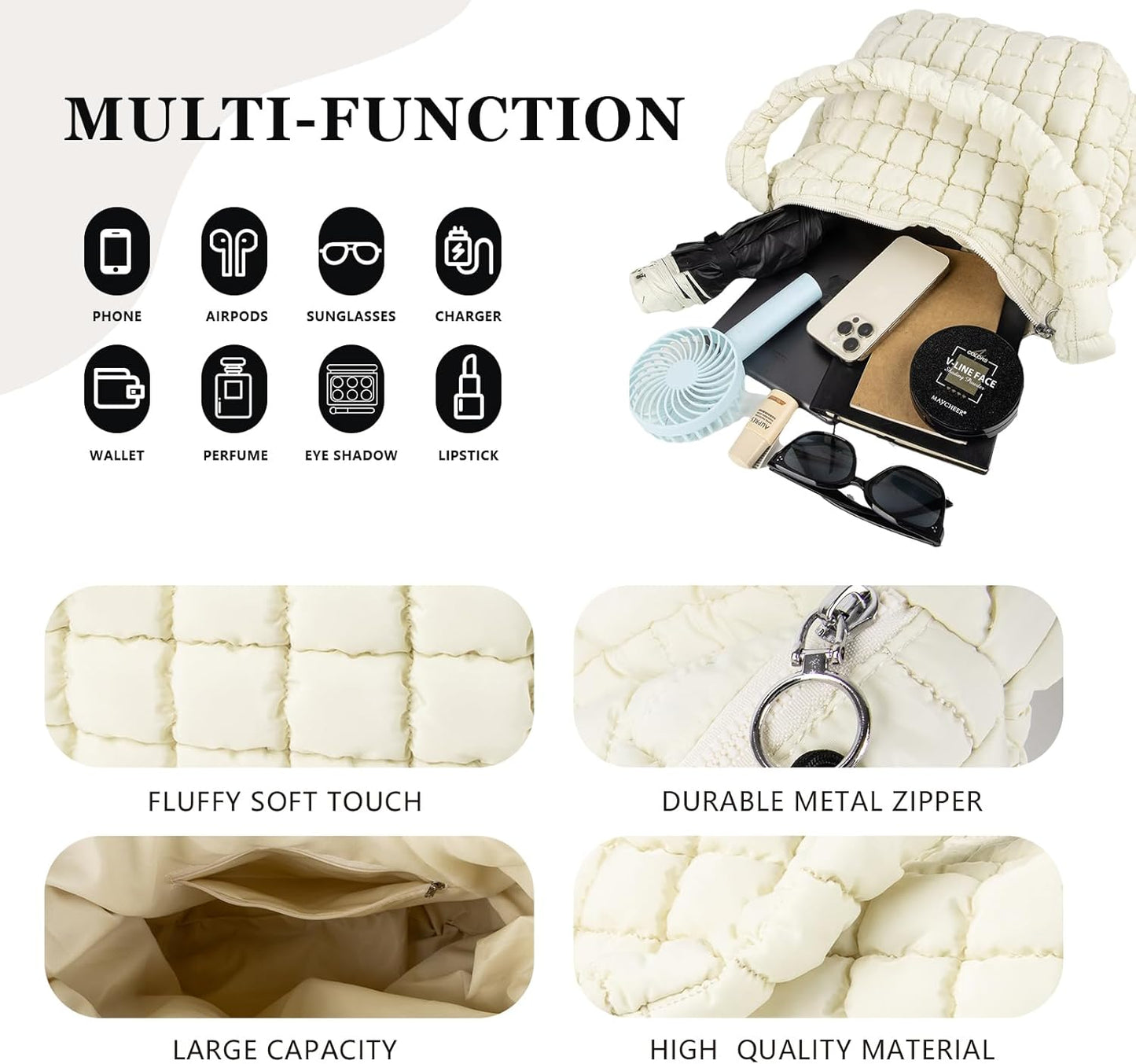 Quilted Puffer Tote Bag Large Crossbody Shoulder Bag with Zipper, Nylon Hobo Oversized Handbag - PuriLite