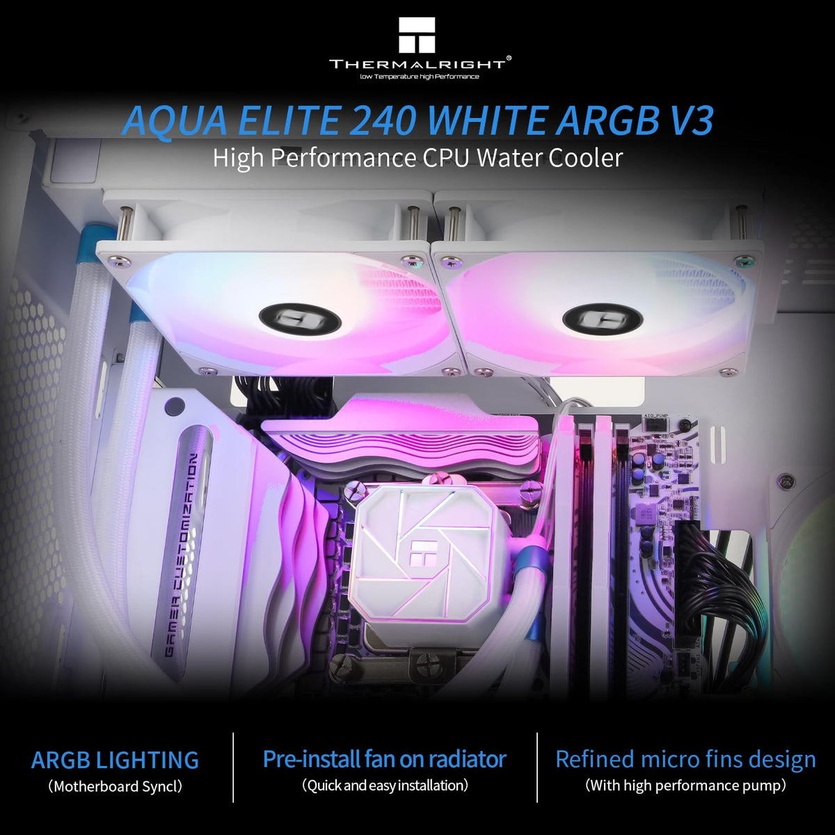 Thermalright Aqua Elite 240 V3 Liquid CPU Cooler, AIO Pump Head Speed up to 3300RPM, TL-C12B-S V2×2 PWM Fans,for AMD/AM4/AM5, Intel LGA1150/1151/1200/2011/1700, Computer CPU Aio Cooler - PuriLite