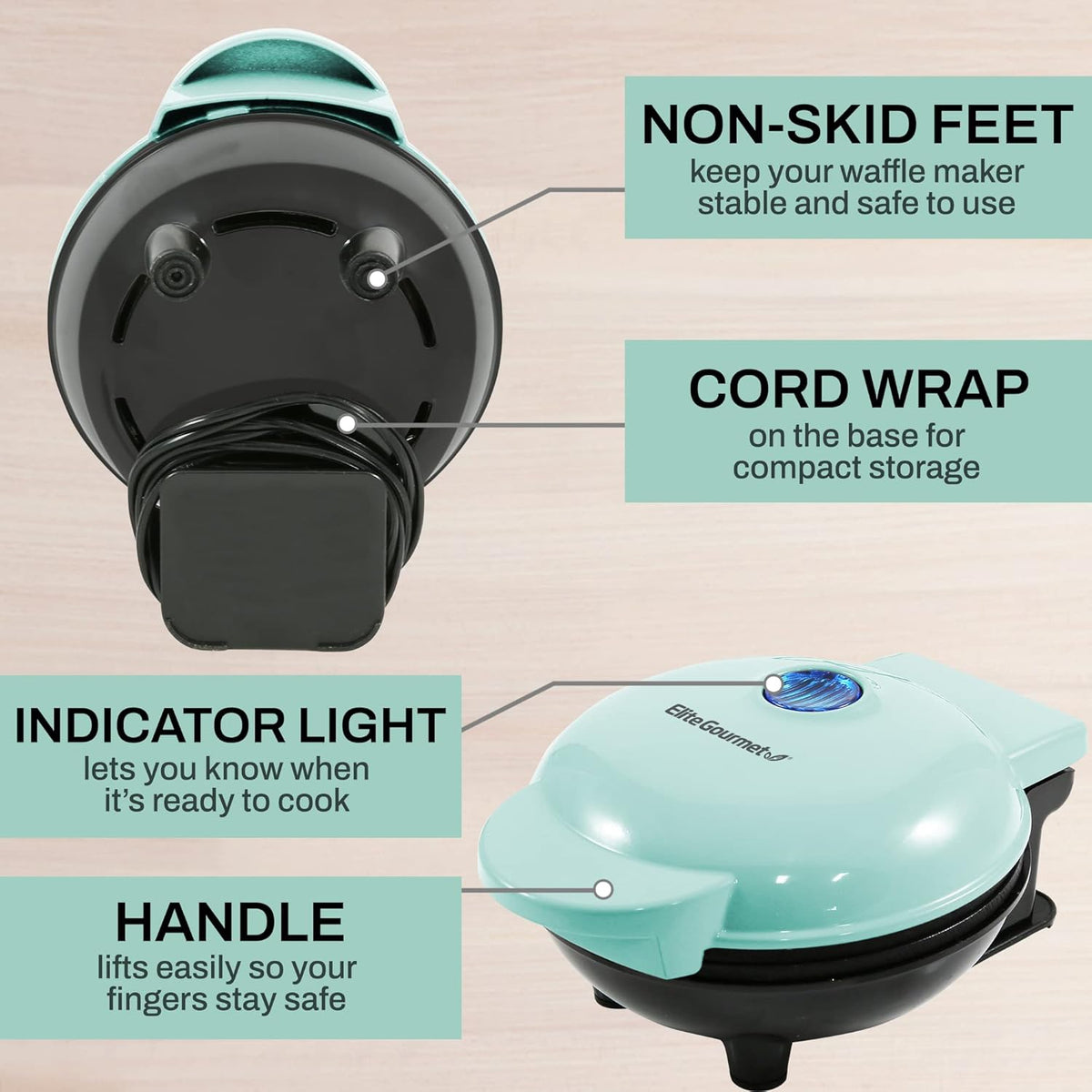 Elite Gourmet EWM015M Electric Nonstick Mini Waffle Maker, Belgian Waffles, Compact Design, Hash Browns, Keto, Snacks, Sandwich, Eggs, Easy to Clean, Mint - PuriLite