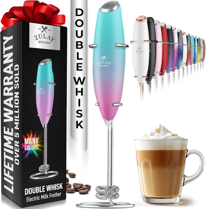 Zulay Kitchen Powerful Double Whisk Milk Frother Handheld - Foam Maker with Stand - Whisk Drink Mixer for Coffee, Mini Foamer for Latte, Matcha, Frappe, Hot Chocolate & Cappuccino (Black) - PuriLite