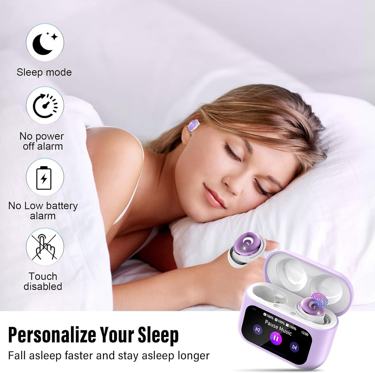 VEKJ Sleep Earbuds, Bluetooth 5.4 Mini Wireless Ear Euds with Multifunctional Touch Screen, 48H Bass Stereo Headphones with Sleep Mode/5 EQ Modes/ENC Noise Cancelling, IPX7 Earphones for iOS Android - PuriLite