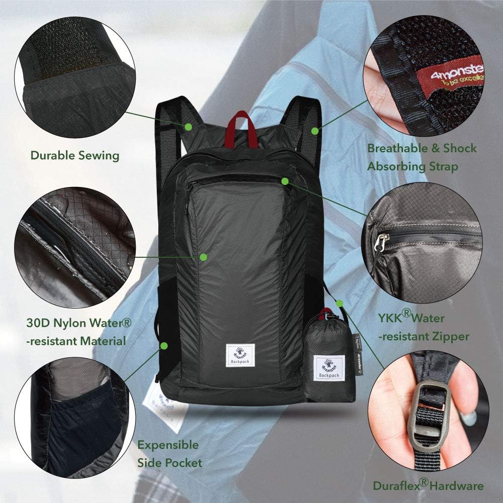 4Monster Hiking Daypack,Water Resistant Lightweight Packable Backpack for Travel Camping Outdoor - PuriLite