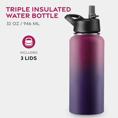 FineDine Water Bottle - Stainless Steel Insulated Water Bottle with Straw Lid, Flip Lid & Wide-Mouth Cap - Keeps Hot and Cold - 25 Oz / 739ml - Pure Pearly White - PuriLite