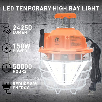 150W High Bay Outdoor Temporary LED Work Light 22500Lm 5000K Daylight White with Stainless Steel Guard and Hook Portable Hanging Lighting for Construction Job Site - PuriLite