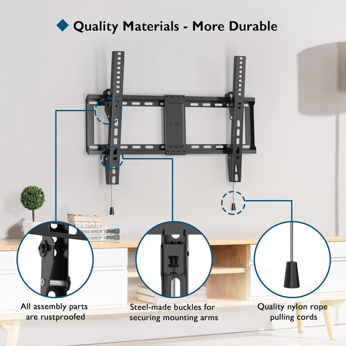 BONTEC TV Wall Mount for 37–85 Inch TVs, Tilting TV Mount Bracket for LED LCD OLED Flat Curved Screens, Low Profile 1.5in Design, Max VESA 600x400mm, Supports up to 132lbs, Fits 55 65 75 85 Inch - PuriLite
