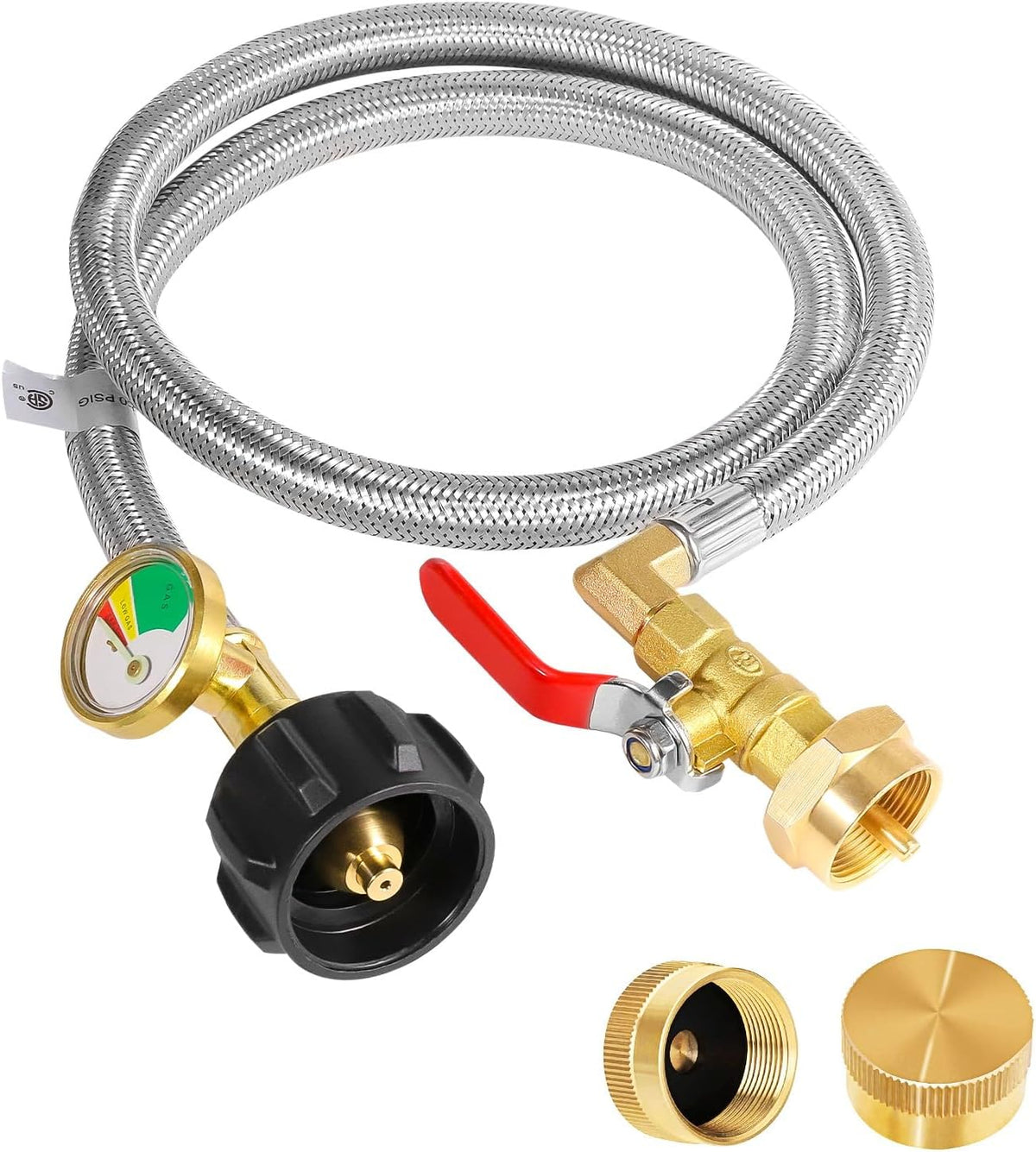 Propane Refill Adapter 20lb to 1lb Camping - 3FT/36inch Stainless Steel Hose with Gauge and ON-Off Control Valve - Fits QCC1 / Type1 Tank, 2 Caps Included - PuriLite
