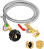 Propane Refill Adapter 20lb to 1lb Camping - 3FT/36inch Stainless Steel Hose with Gauge and ON-Off Control Valve - Fits QCC1 / Type1 Tank, 2 Caps Included - PuriLite