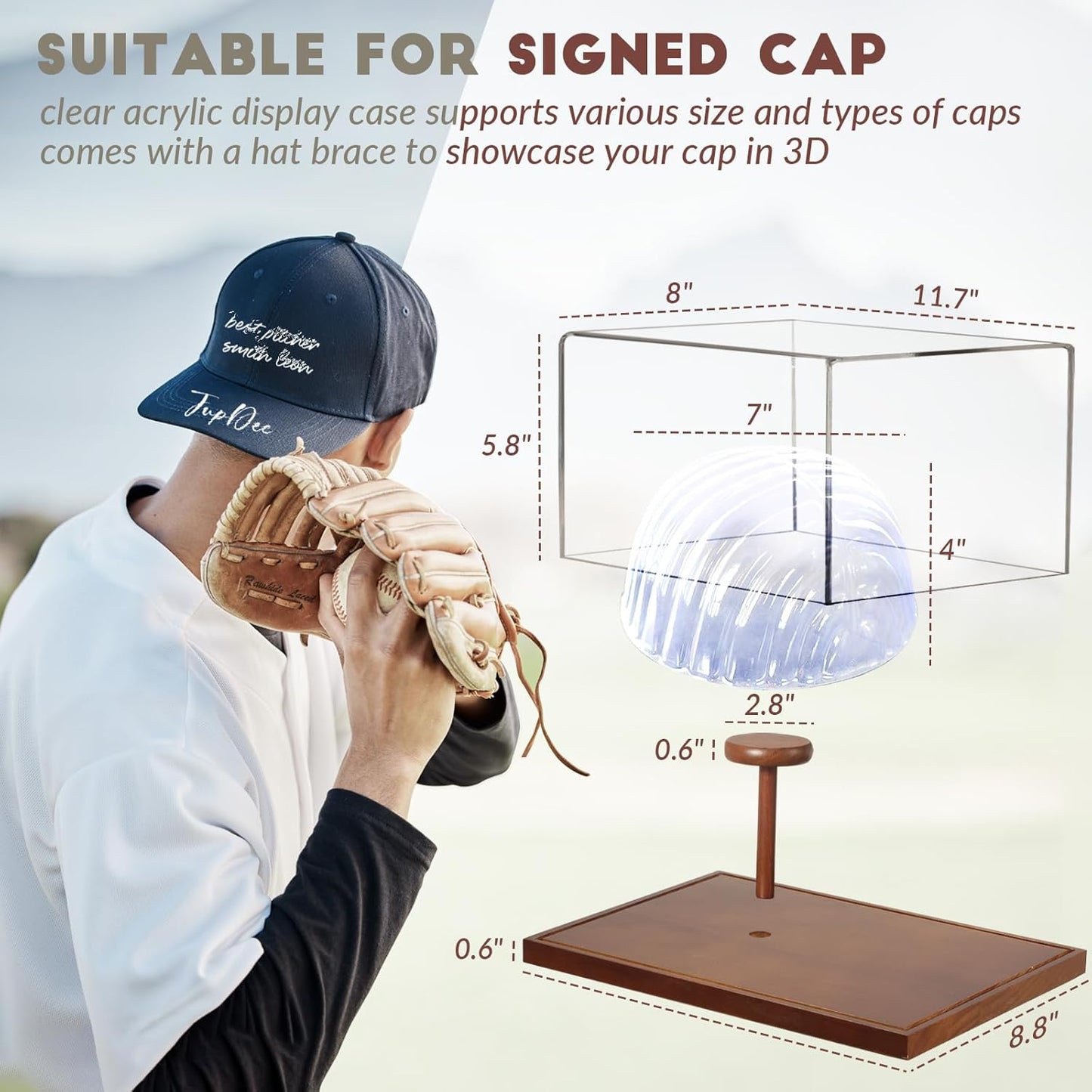 JupDec Baseball Display Case, Clear Cube Baseball Holder with Wooden Base, Autograph Baseball Stand Box for Single Ball, Acacia Wood, Brown, 1 Pack - PuriLite