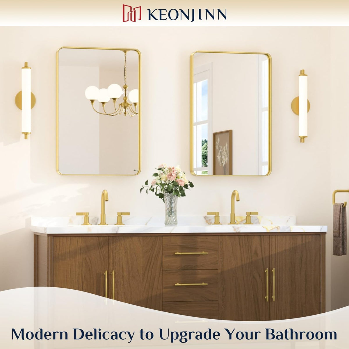 Keonjinn 42 x 36 Brushed Nickel Bathroom Vanity Mirror, Large Rounded Rectangle Bathroom Mirrors for over Sink, Metal Framed Silver Mirror for Wall, Shatterproof HD Tempered Glass(Horizontal/Vertical) - PuriLite