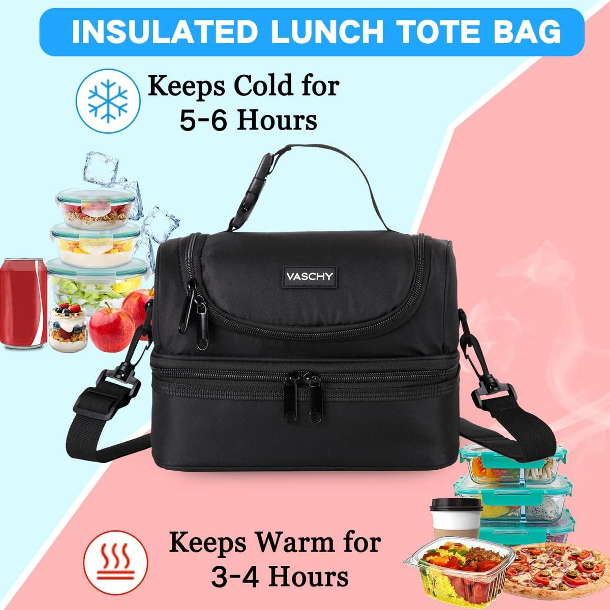VASCHY Lunch Box Bag Men, Insulated Two Compartments Bento Cooler Bags for Adults/Women/Kids for School,Daycare,Kindergarten,Picnic Black - PuriLite
