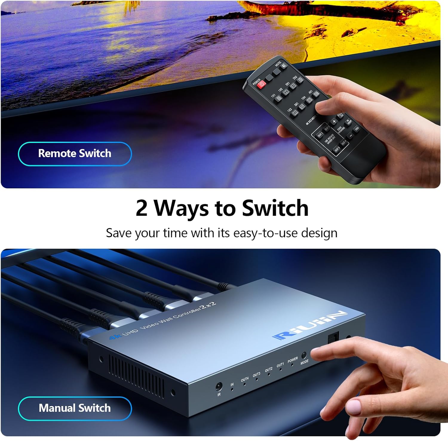 HDMI Video Wall Controller, RIUIIN TV Wall Controller, 4K TV Wall Processor, 180° Rotation, Audio, IR Remote, 2x2,1x2,1x3,1x4,2x1,3x1,4x1, Make 4 tv Screens into Wall Display - PuriLite